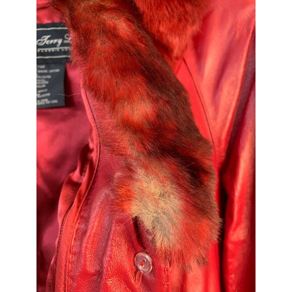 VTG 90s Terry Lewis Red Leather Coat Fur Collar Thermolite Lining XS 9029 NWD - Picture 8 of 16
